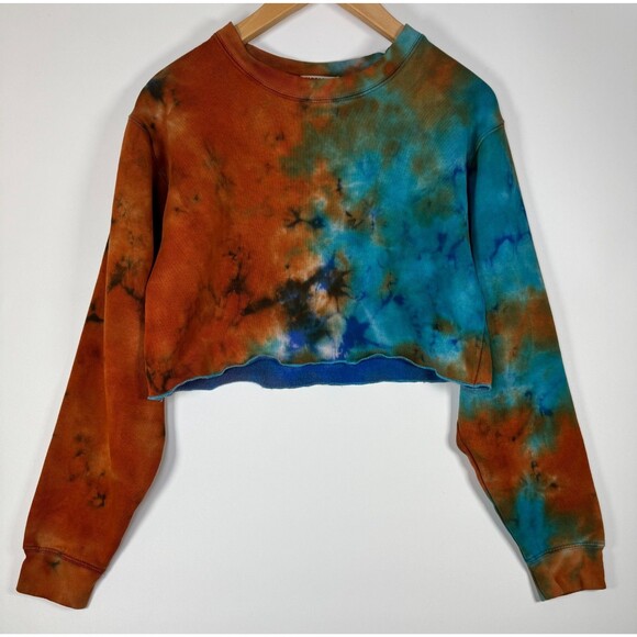 NEEMA California Sweatshirt Womens Small Cropped Tie Dye Orange Blue Pullover - Picture 1 of 11